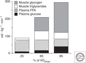 Contributo relativo delle fonti energetiche di carboidrati e grassi al metabolismo energetico durante l'esercizio di intensità crescente.